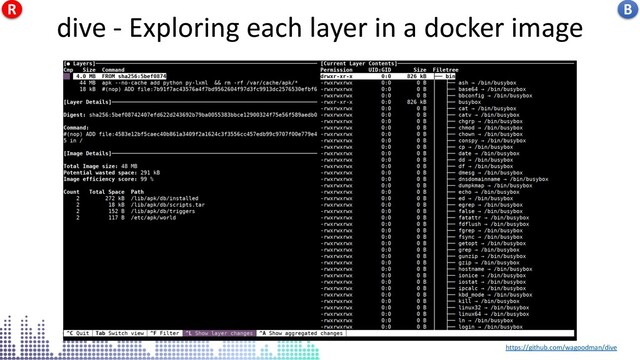 dive - Exploring each layer in a docker image
https://github.com/wagoodman/dive
dive - Exploring each layer in a docker image B
R
