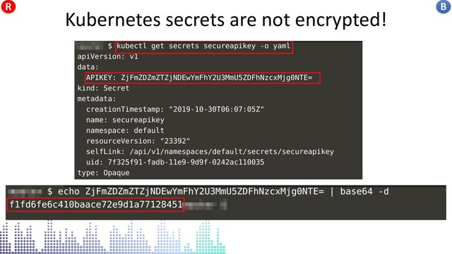 Kubernetes secrets are not encrypted!
Kubernetes secrets are not encrypted! B
R
