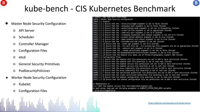kube-bench - CIS Kubernetes Benchmark
https://github.com/aquasecurity/kube-bench
● Master Node Security Configuration
○ API Server
○ Scheduler
○ Controller Manager
○ Configuration Files
○ etcd
○ General Security Primitives
○ PodSecurityPolicices
● Worker Node Security Configuration
○ Kubelet
○ Configuration Files
kube-bench - CIS Kubernetes Benchmark B
R
