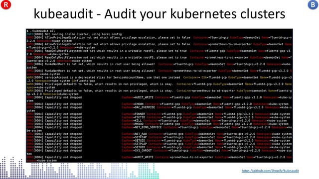 kubeaudit - Audit your kubernetes clusters
https://github.com/Shopify/kubeaudit
kubeaudit - Audit your kubernetes clusters B
R
