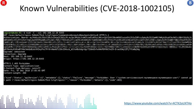 CVE-2018-1002105
https://www.youtube.com/watch?v=4CTK2aUXTHo
Known Vulnerabilities (CVE-2018-1002105) B
R
