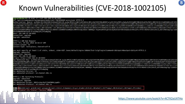 https://www.youtube.com/watch?v=4CTK2aUXTHo
CVE-2018-1002105
Known Vulnerabilities (CVE-2018-1002105) B
R
