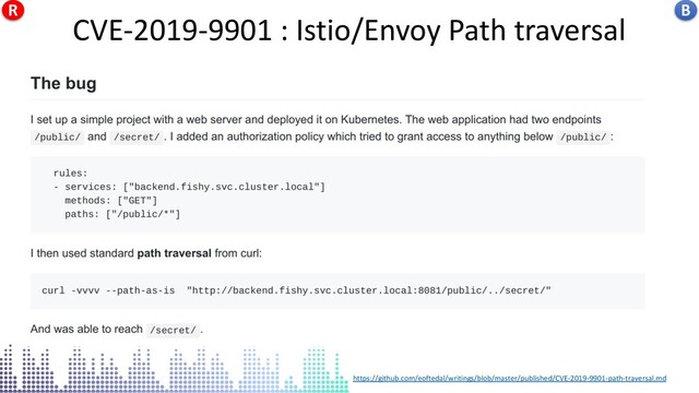 https://github.com/eoftedal/writings/blob/master/published/CVE-2019-9901-path-traversal.md
CVE-2019-9901 - Istio/Envoy Path traversal
CVE-2019-9901 : Istio/Envoy Path traversal B
R
