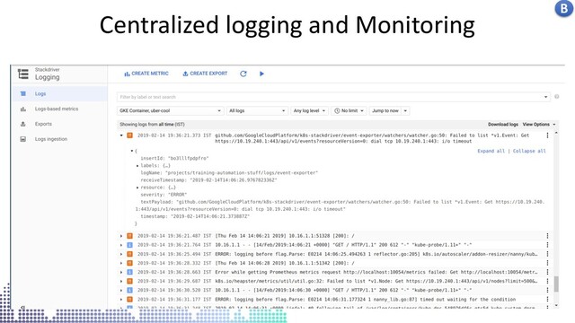 Kubernetes centralised logs in stack driver
Centralized logging and Monitoring B
