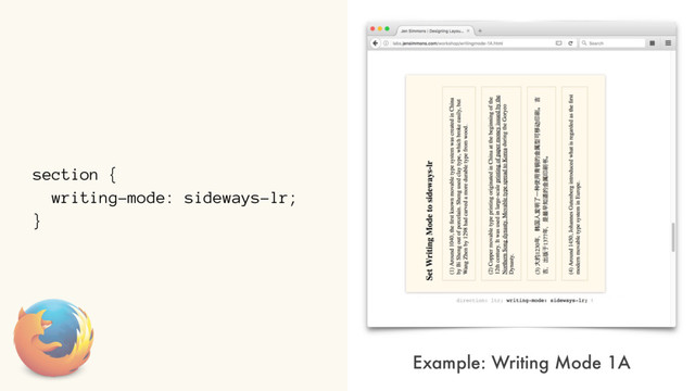 section {
writing-mode: sideways-lr;
}
Example: Writing Mode 1A

