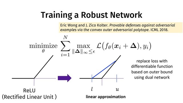 Training a Robust Network
Eric Wong and J. Zico Kolter. Provable defenses against adversarial
examples via the convex outer adversarial polytope. ICML 2018.
replace loss with
differentiable function
based on outer bound
using dual network
ReLU
(Rectified Linear Unit ) linear approximation
! "
