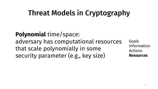 Threat Models in Cryptography
5
Goals
Information
Actions
Resources
Polynomial time/space:
adversary has computational resources
that scale polynomially in some
security parameter (e.g., key size)
