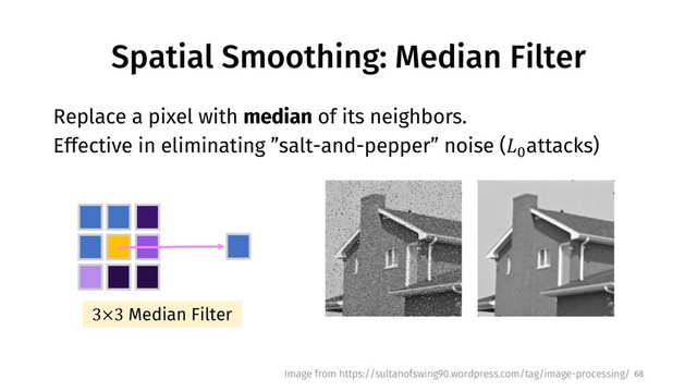Spatial Smoothing: Median Filter
Replace a pixel with median of its neighbors.
Effective in eliminating ”salt-and-pepper” noise (!"
attacks)
68
Image from https://sultanofswing90.wordpress.com/tag/image-processing/
3×3 Median Filter
