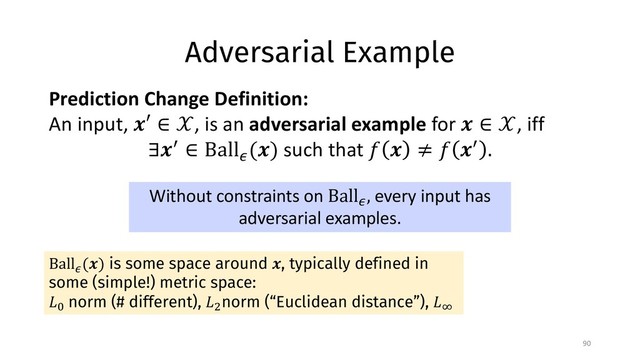 Adversarial Example
90
Ball$
(&) is some space around &, typically defined in
some (simple!) metric space:
()
norm (# different), (*
norm (“Euclidean distance”), (+
Without constraints on Ball$
, every input has
adversarial examples.
Prediction Change Definition:
An input, &′ ∈ /, is an adversarial example for & ∈ /, iff
∃&1 ∈ Ball$
(&) such that 2 & ≠ 2 &1 .
