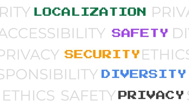 RITY
PRIVACY
SAFETY
LOCALIZATION
DIV
SECURITY
SPONSIBILITY
ETHICS
DIVERSITY
S
PRIVACY
SAFETY
PRIVA
ETHICS
ACCESSIBILITY
