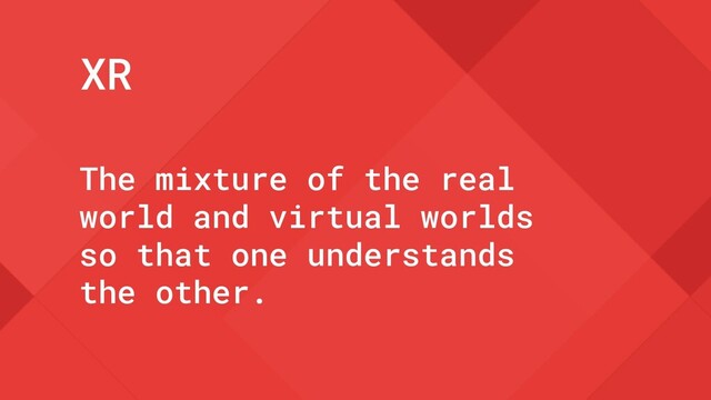 The mixture of the real
world and virtual worlds
so that one understands
the other.
XR
