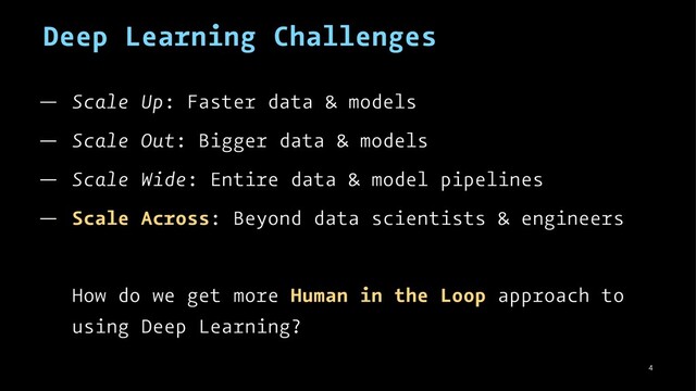 Deep Learning Challenges
— Scale Up: Faster data & models
— Scale Out: Bigger data & models
— Scale Wide: Entire data & model pipelines
— Scale Across: Beyond data scientists & engineers
How do we get more Human in the Loop approach to
using Deep Learning?
4
