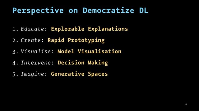 Perspective on Democratize DL
1. Educate: Explorable Explanations
2. Create: Rapid Prototyping
3. Visualise: Model Visualisation
4. Intervene: Decision Making
5. Imagine: Generative Spaces
6
