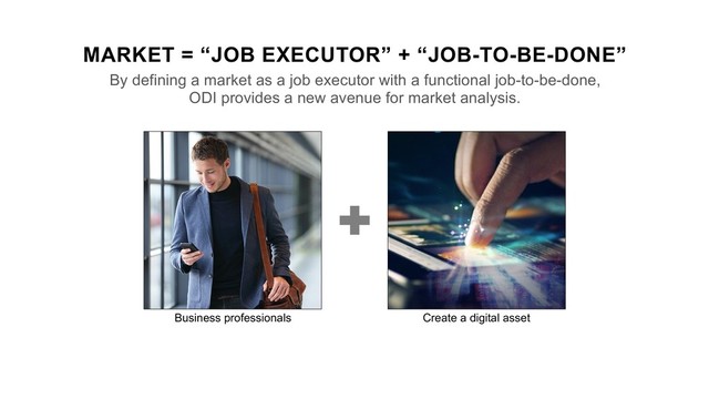 MARKET = “JOB EXECUTOR” + “JOB-TO-BE-DONE”
By defining a market as a job executor with a functional job-to-be-done,
ODI provides a new avenue for market analysis.
Create a digital asset
Business professionals
