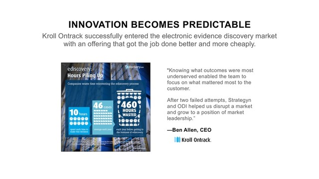 INNOVATION BECOMES PREDICTABLE
Kroll Ontrack successfully entered the electronic evidence discovery market
with an offering that got the job done better and more cheaply.
“Knowing what outcomes were most
underserved enabled the team to
focus on what mattered most to the
customer.


After two failed attempts, Strategyn
and ODI helped us disrupt a market
and grow to a position of market
leadership.”
—Ben Allen, CEO

