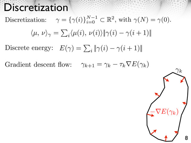 Discretization
8
Discretization: = { (i)}N 1
i=0
R2, with (N) = (0).
Gradient descent ﬂow:
Discrete energy:
k+1
=
k ⇥k E(
k
)
E(
k
)
k
E( ) =
i
|| (i) (i + 1)||
⇥µ, ⇥⇤ =
i
⇥µ(i), ⇥(i)⇤|| (i) (i + 1)||
