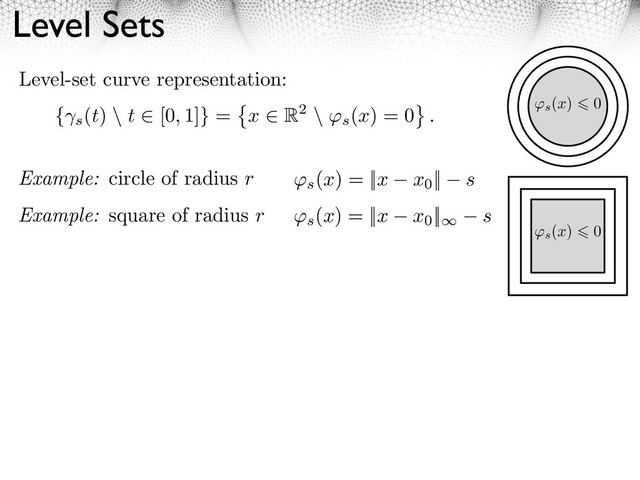 Level Sets
{ s
(t) \ t [0, 1]} = x R2 \ ⇥s
(x) = 0 .
Level-set curve representation:
s
(x) = ||x x0
|| s
s
(x) = ||x x0
|| s
s
(x) 0
s
(x) 0
Example: circle of radius r
Example: square of radius r
