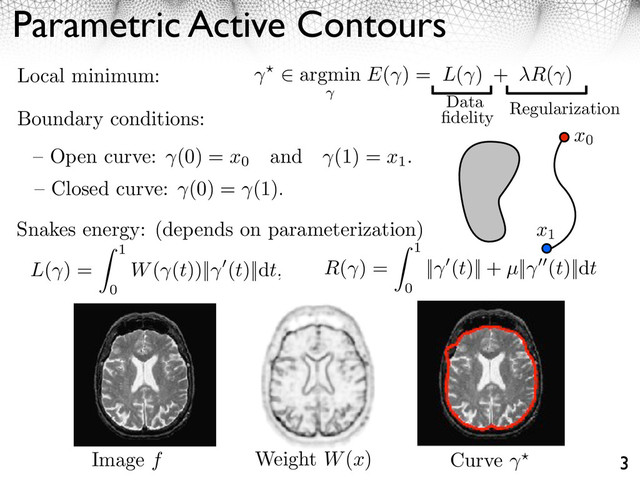 Parametric Active Contours
3
– Closed curve: (0) = (1).
– Open curve: (0) = x0
and (1) = x1
.
Boundary conditions:
R( ) =
1
0
|| (t)|| + µ|| (t)||dt
Snakes energy: (depends on parameterization)
L( ) =
1
0
W( (t))|| (t)||dt,
Local minimum: argmin E( ) = L( ) + ⇥R( )
Regularization
Data
ﬁdelity
x0
x1
Image f Weight W(x) Curve
