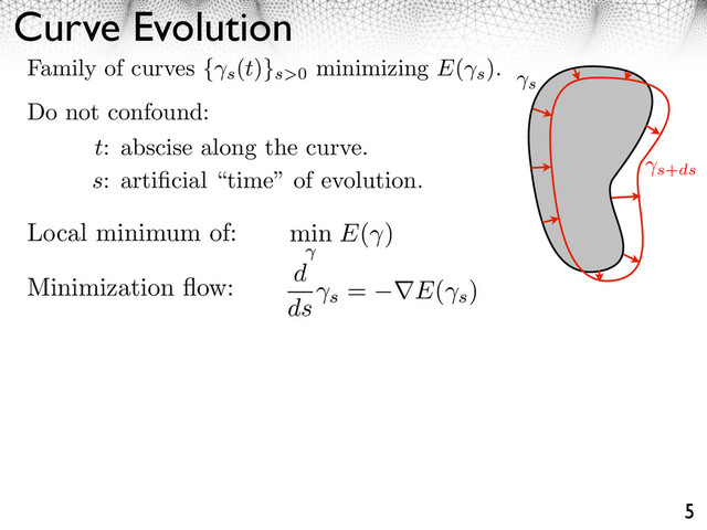 Curve Evolution
5
s
s+ds
Family of curves { s
(t)}s>0
minimizing E(
s
).
Do not confound:
t: abscise along the curve.
s: artiﬁcial “time” of evolution.
Local minimum of: min E( )
Minimization ﬂow: d
ds s
= E(
s
)
