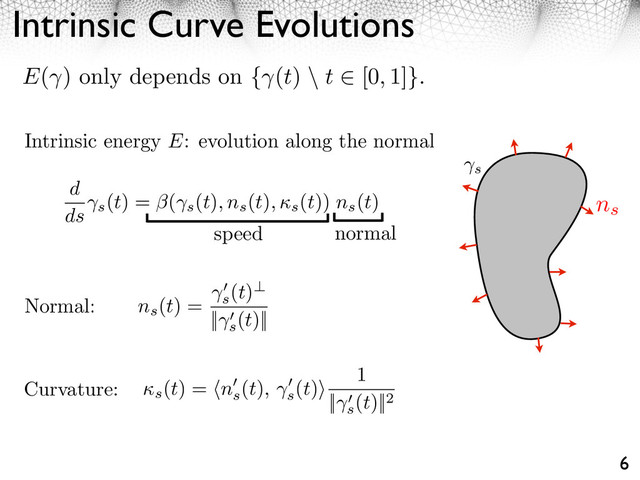 Intrinsic Curve Evolutions
6
Intrinsic energy E: evolution along the normal
speed
d
ds
⇥s
(t) = (⇥s
(t), ns
(t), ⇤s
(t)) ns
(t)
normal
ns
(t) = s
(t)
|| s
(t)||
⇥s
(t) = ns
(t), s
(t)⇥
1
|| s
(t)||2
Normal:
Curvature:
s
ns
E( ) only depends on { (t) \ t [0, 1]}.
