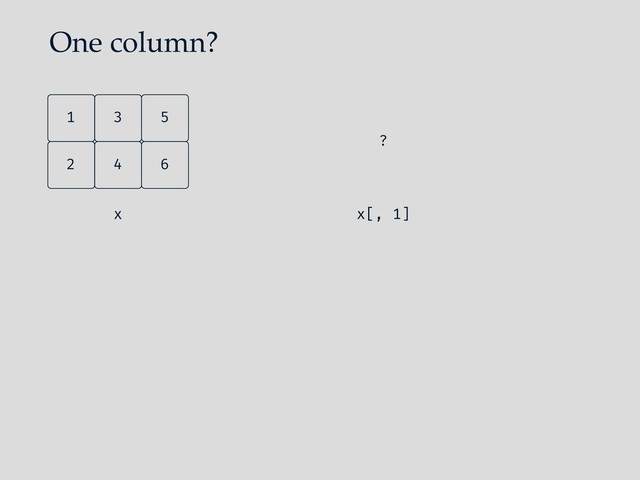 One column?
4
2 6
5
3
1
x x[, 1]
?
