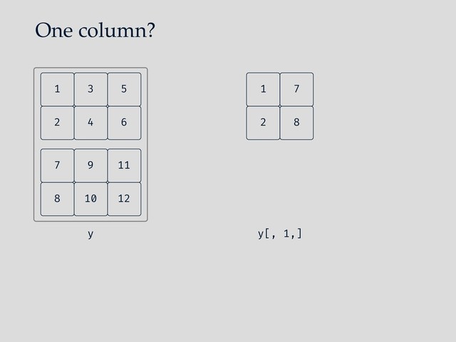 One column?
4
2 6
5
3
1
y
10
8 12
11
9
7
y[, 1,]
1 7
2 8
