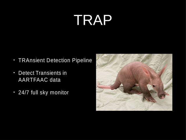 TRAP
• TRAnsient Detection Pipeline
• Detect Transients in
AARTFAAC data
• 24/7 full sky monitor

