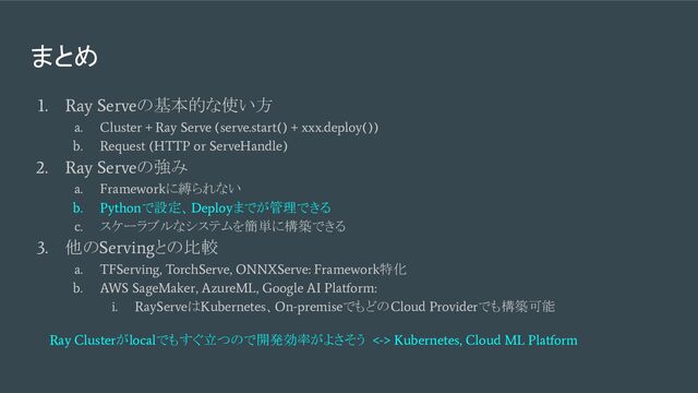 まとめ
1. Ray Serve
の基本的な使い方
a. Cluster + Ray Serve (serve.start() + xxx.deploy())
b. Request (HTTP or ServeHandle)
2. Ray Serve
の強み
a. Framework
に縛られない
b. Python
で設定、
Deploy
までが管理できる
c.
スケーラブルなシステムを簡単に構築できる
3.
他の
Serving
との比較
a. TFServing, TorchServe, ONNXServe: Framework
特化
b. AWS SageMaker, AzureML, Google AI Platform:
i. RayServe
は
Kubernetes
、
On-premise
でもどの
Cloud Provider
でも構築可能
Ray Cluster
が
local
でもすぐ立つので開発効率がよさそう
<-> Kubernetes, Cloud ML Platform
