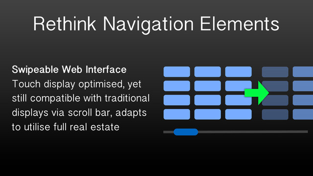 Rethink Navigation Elements
Swipeable Web Interface
Touch display optimised, yet
still compatible with traditional
displays via scroll bar, adapts
to utilise full real estate
