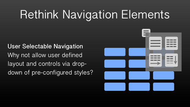 Rethink Navigation Elements
User Selectable Navigation
Why not allow user defined
layout and controls via drop-
down of pre-configured styles?
