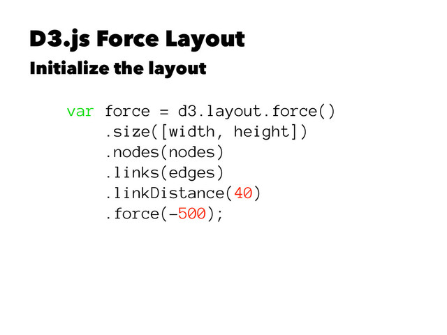 D3.js Force Layout
Initialize the layout
var force = d3.layout.force()
.size([width, height])
.nodes(nodes)
.links(edges)
.linkDistance(40)
.force(-500);
