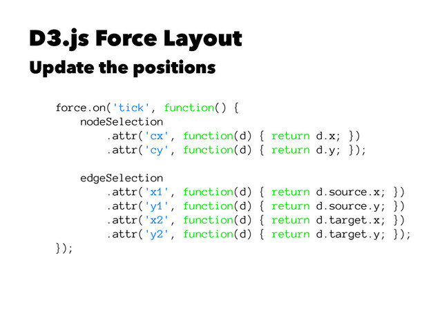 D3.js Force Layout
Update the positions
force.on('tick', function() {
nodeSelection
.attr('cx', function(d) { return d.x; })
.attr('cy', function(d) { return d.y; });
edgeSelection
.attr('x1', function(d) { return d.source.x; })
.attr('y1', function(d) { return d.source.y; })
.attr('x2', function(d) { return d.target.x; })
.attr('y2', function(d) { return d.target.y; });
});
