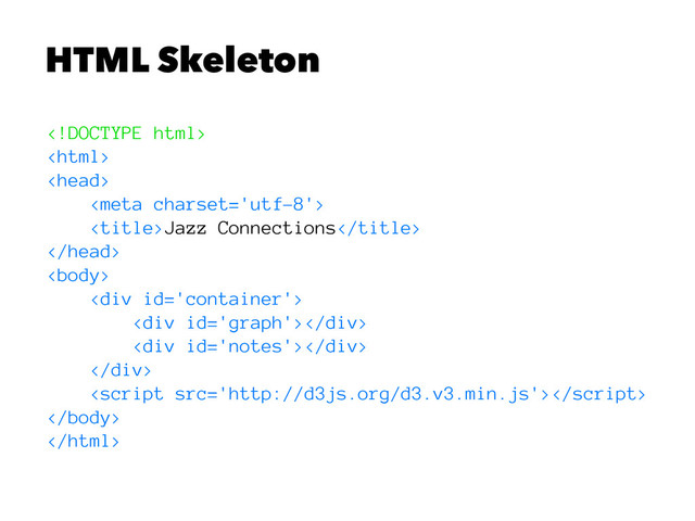HTML Skeleton




Jazz Connections


<div>
<div></div>
<div></div>
</div>



