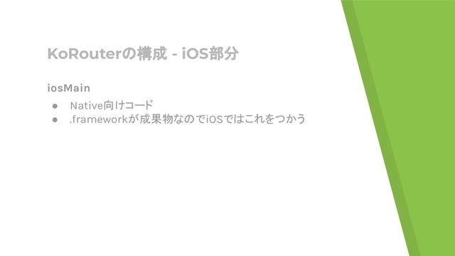 KoRouterの構成 - iOS部分
iosMain
● Native向けコード
● .frameworkが成果物なのでiOSではこれをつかう
