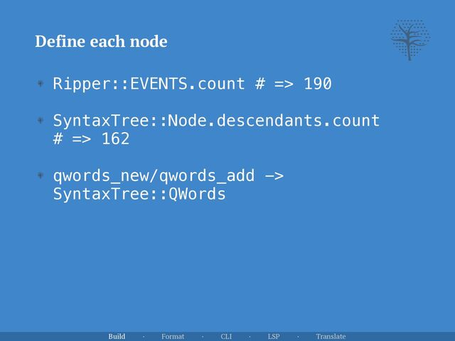 Ripper::EVENTS.count # => 190


SyntaxTree::Node.descendants.count
 
# => 162


qwords_new/qwords_add ->
SyntaxTree::QWords
Define each node
Build · Format · CLI · LSP · Translate

