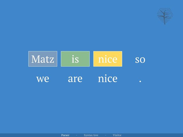 Matz is nice
we are nice .
so
Parser · Syntax tree · Visitor
