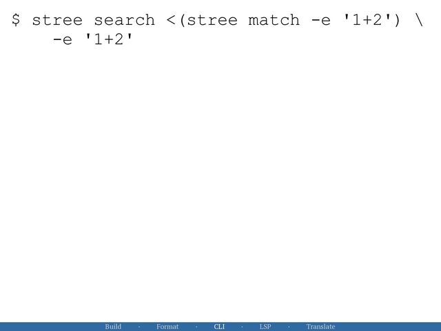 Build · Format · CLI · LSP · Translate
$ stree search <(stree match -e '1+2') \
 
-e '1+2'
