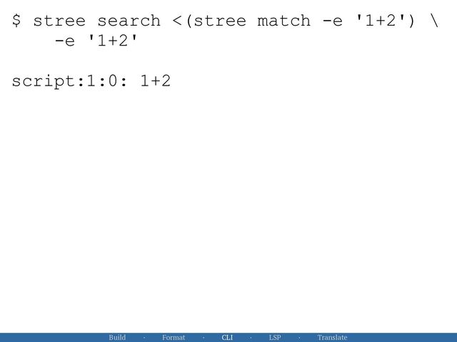 Build · Format · CLI · LSP · Translate
$ stree search <(stree match -e '1+2') \
 
-e '1+2'
 
 
script:1:0: 1+2
