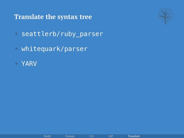 Translate the syntax tree
seattlerb/ruby_parser


whitequark/parser


YARV
Build · Format · CLI · LSP · Translate
