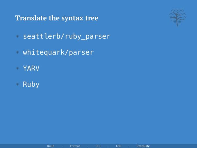 Translate the syntax tree
seattlerb/ruby_parser


whitequark/parser


YARV


Ruby
Build · Format · CLI · LSP · Translate
