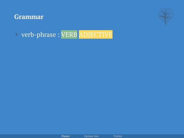 Grammar
Parser · Syntax tree · Visitor
verb-phrase : VERB ADJECTIVE
