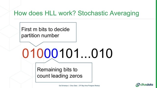 How does HLL work? Stochastic Averaging
01000101...010
First m bits to decide
partition number
Remaining bits to
count leading zeros
Sai Srirampur | Citus Data | SF Bay Area Postgres Meetup
