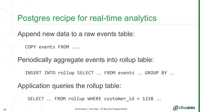 Append new data to a raw events table:
COPY events FROM ...
Periodically aggregate events into rollup table:
INSERT INTO rollup SELECT … FROM events … GROUP BY …
Application queries the rollup table:
SELECT … FROM rollup WHERE customer_id = 1238 …
Postgres recipe for real-time analytics
38 Sai Srirampur | Citus Data | SF Bay Area Postgres Meetup
