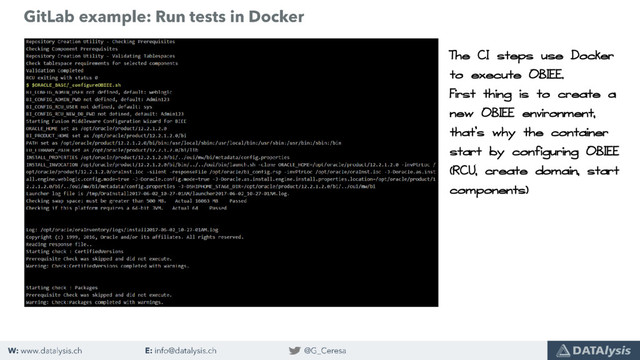 The CI steps use Docker
to execute OBIEE.
First thing is to create a
new OBIEE environment,
that’s why the container
start by configuring OBIEE
(RCU, create domain, start
components)
