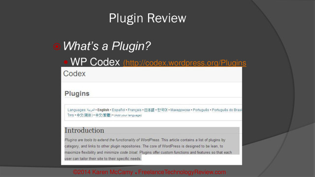 Plugin Review
 What’s a Plugin?
 WP Codex (http://codex.wordpress.org/Plugins
©2014 Karen McCamy 
FreelanceTechnologyReview.com
