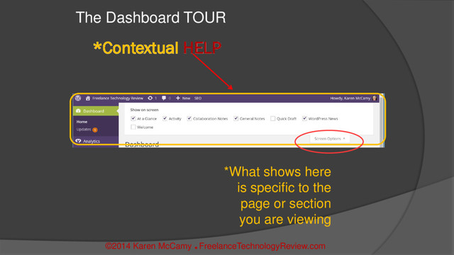 *Contextual HELP
The Dashboard TOUR
©2014 Karen McCamy 
FreelanceTechnologyReview.com
*What shows here
is specific to the
page or section
you are viewing
