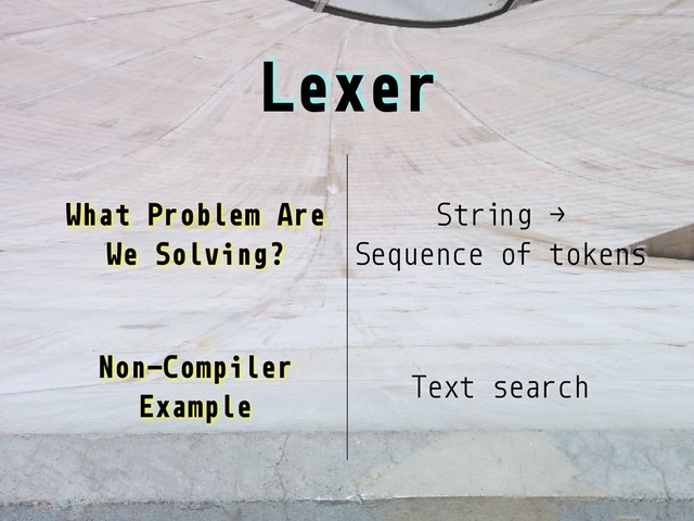 Lexer
What Problem Are
We Solving?
String →
Sequence of tokens
Non-Compiler
Example
Text search
