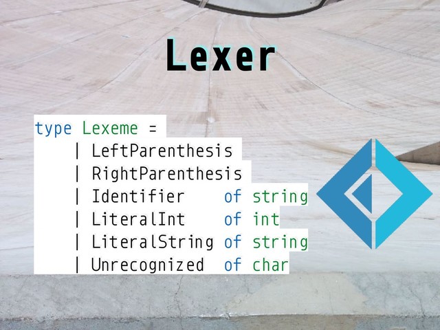 Lexer
type Lexeme =
| LeftParenthesis
| RightParenthesis
| Identifier of string
| LiteralInt of int
| LiteralString of string
| Unrecognized of char
