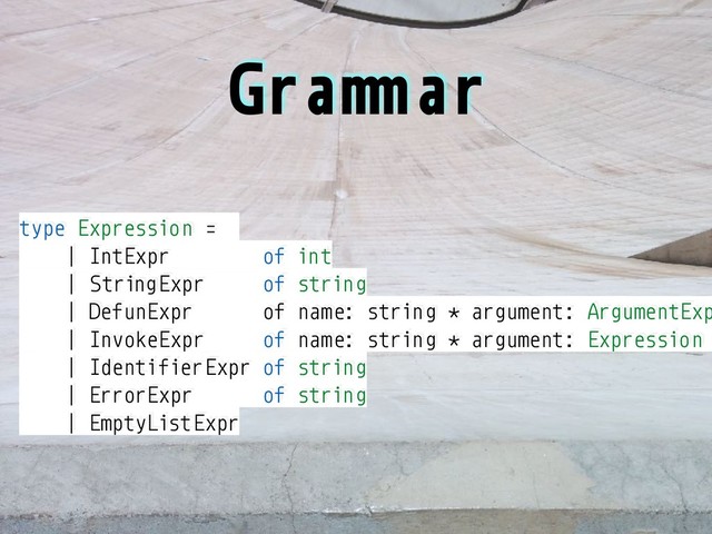 Gra"#ar
type Expression =
| IntExpr of int
| StringExpr of string
| DefunExpr of name: string * argument: ArgumentExp
| InvokeExpr of name: string * argument: Expression
| IdentifierExpr of string
| ErrorExpr of string
| EmptyListExpr
