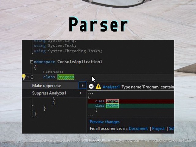 Parser
https://joshvarty.wordpress.com/2015/08/03/learn-roslyn-now-part-11-introduction-to-code-ﬁxes/
